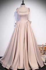 Homecome Dresses Short Prom, Pink Satin Long A-Line Prom Dress, Cute Spaghetti Strap Evening Dress with Bow