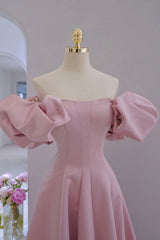 Go Out Outfit, Pink Satin Long A-Line Prom Dress, Pink Puff Sleeves Formal Evening Dress