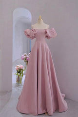 Party Dress Code Idea, Pink Satin Long A-Line Prom Dress, Pink Puff Sleeves Formal Evening Dress