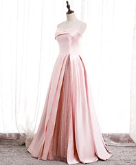 Wedding Dress Brides, Pink Satin Long Party Dress with Pearls, Floor Length Party Dres Wedding Party Dress