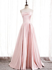 Wedding Dress Stores, Pink Satin Long Party Dress with Pearls, Floor Length Party Dres Wedding Party Dress