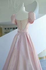 Evening Gown, Pink Satin Long Prom Dress, A-Line Evening Dress with Bow