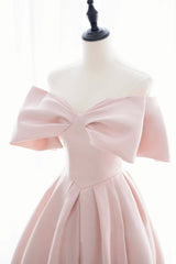 Bridesmaid Dresses Blush Pink, Pink Satin Long Prom Dress, Cute Off Shoulder Evening Dress