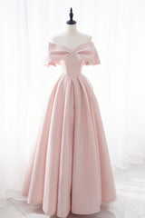Bridesmaid Dress Blush Pink, Pink Satin Long Prom Dress, Cute Off Shoulder Evening Dress