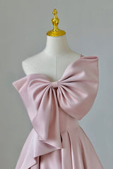 Bridesmaid Dress Sale, Pink Satin Long Prom Dress with Bow, One Shoulder Formal Evening Dress