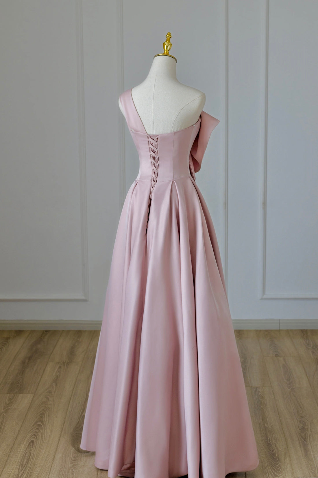 Bridesmaid Dress Custom, Pink Satin Long Prom Dress with Bow, One Shoulder Formal Evening Dress