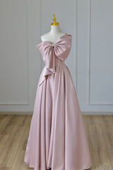 Bridesmaid Dress Shops, Pink Satin Long Prom Dress with Bow, One Shoulder Formal Evening Dress