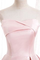Bridesmaid Dress Color Palette, Pink Satin Long Prom Dress with Pearls, Pink Strapless Evening Dress