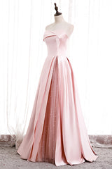 Bridesmaids Dresses Different Styles, Pink Satin Long Prom Dress with Pearls, Pink Strapless Evening Dress