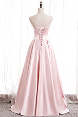 Bridesmaid Dresses Different Style, Pink Satin Long Prom Dress with Pearls, Pink Strapless Evening Dress