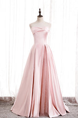 Bridesmaid Dresses Color Palettes, Pink Satin Long Prom Dress with Pearls, Pink Strapless Evening Dress