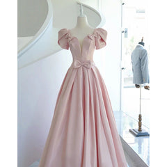 Wedsing Dresses Lace, Pink Satin Long Short Sleeves Prom Dress Party Dress, Pink Formal Dress Wedding Party Dress