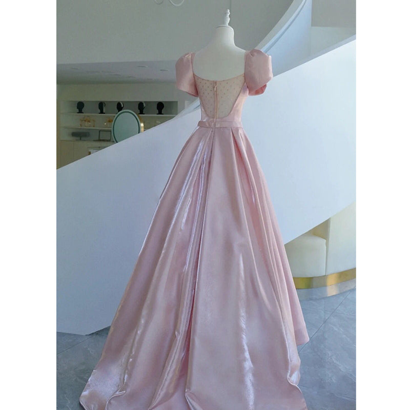 Wedding Dress Ballgown, Pink Satin Long Short Sleeves Prom Dress Party Dress, Pink Formal Dress Wedding Party Dress