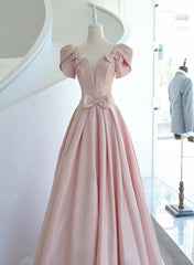 Wedding Dress White, Pink Satin Long Short Sleeves Prom Dress Party Dress, Pink Formal Dress Wedding Party Dress