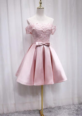 Bridesmaid Dresses Photos Gallery, Pink Satin Off Shoulder Lace Top Homecoming Dress, Pink Gradaution Dresses