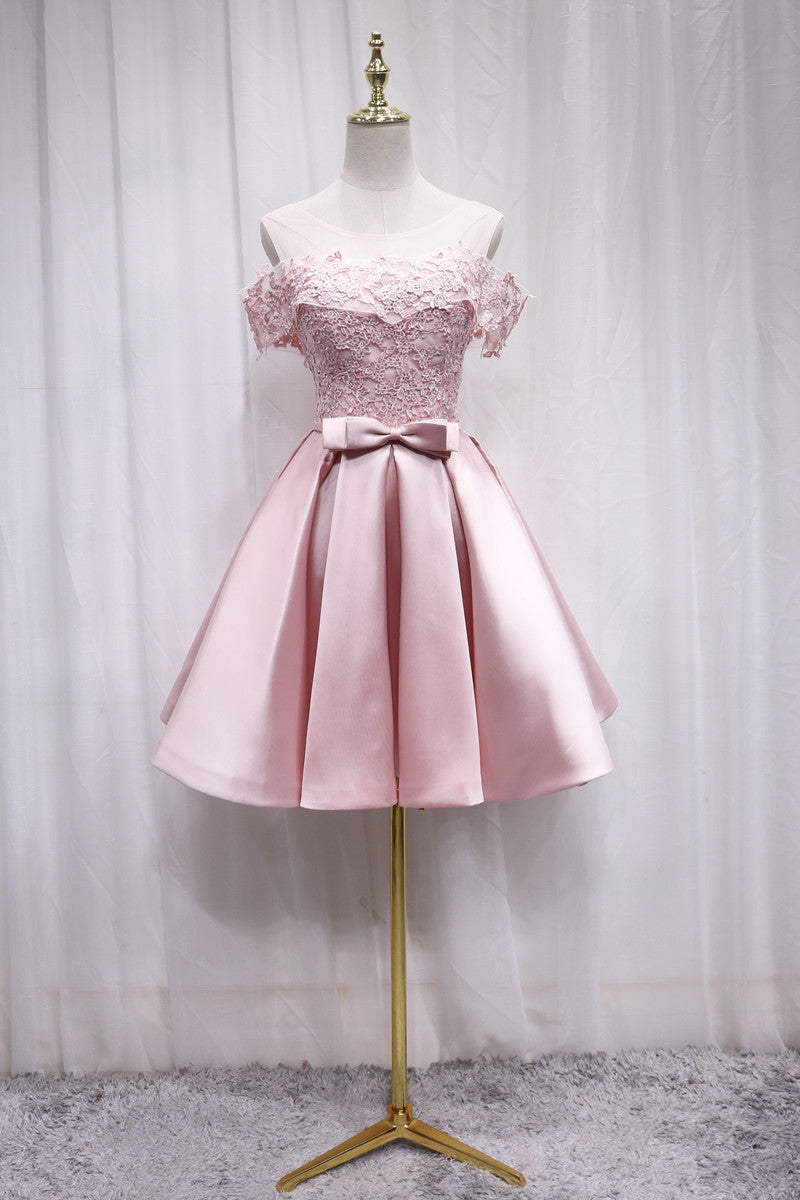Bridesmaid, Pink Satin Off Shoulder Lace Top Homecoming Dress, Pink Gradaution Dresses