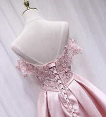 Blue Bridesmaid Dress, Pink Satin Off Shoulder Lace Top Homecoming Dress, Pink Gradaution Dresses