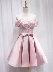 Bachelorette Party, Pink Satin Off Shoulder Lace Top Homecoming Dress, Pink Gradaution Dresses