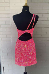 Ruffle Dress, Pink Sequin One Shoulder Cutout Homecoming Dress Gala Dresses Short