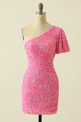 Prom Dresses Navy, Pink Sequin Tight One Shoulder Short Sleeve Mini Dress