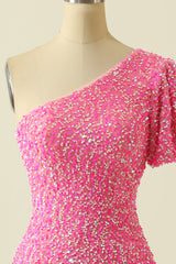 Prom Dress Blue, Pink Sequin Tight One Shoulder Short Sleeve Mini Dress