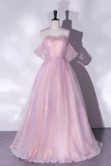 Party Dress Long Dress, Pink Sequins Long A-Line Prom Dress, Off the Shoulder Evening Party Dress