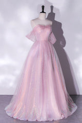 Party Dresses Express, Pink Sequins Long A-Line Prom Dress, Off the Shoulder Evening Party Dress