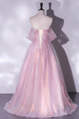 Party Dress Express, Pink Sequins Long A-Line Prom Dress, Off the Shoulder Evening Party Dress