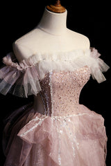 Ball Dress, Pink Sequins Long A-Line Prom Dress, Off the Shoulder Evening Party Dress