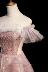 Spring Wedding Color, Pink Sequins Long A-Line Prom Dress, Off the Shoulder Evening Party Dress