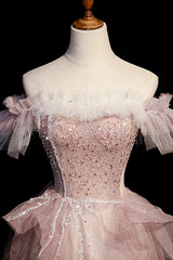 Mismatched Bridesmaid Dress, Pink Sequins Long A-Line Prom Dress, Off the Shoulder Evening Party Dress