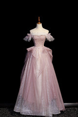Bridal Shoes, Pink Sequins Long A-Line Prom Dress, Off the Shoulder Evening Party Dress