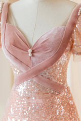 Bridesmaid Dresses Blues, Pink Sequins Long Prom Dress, A-Line Short Sleeve Evening Dress