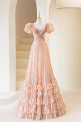 Bridesmaids Dress Blue, Pink Sequins Long Prom Dress, A-Line Short Sleeve Evening Dress