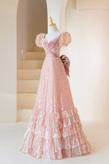 Bridesmaid Dress Blue, Pink Sequins Long Prom Dress, A-Line Short Sleeve Evening Dress