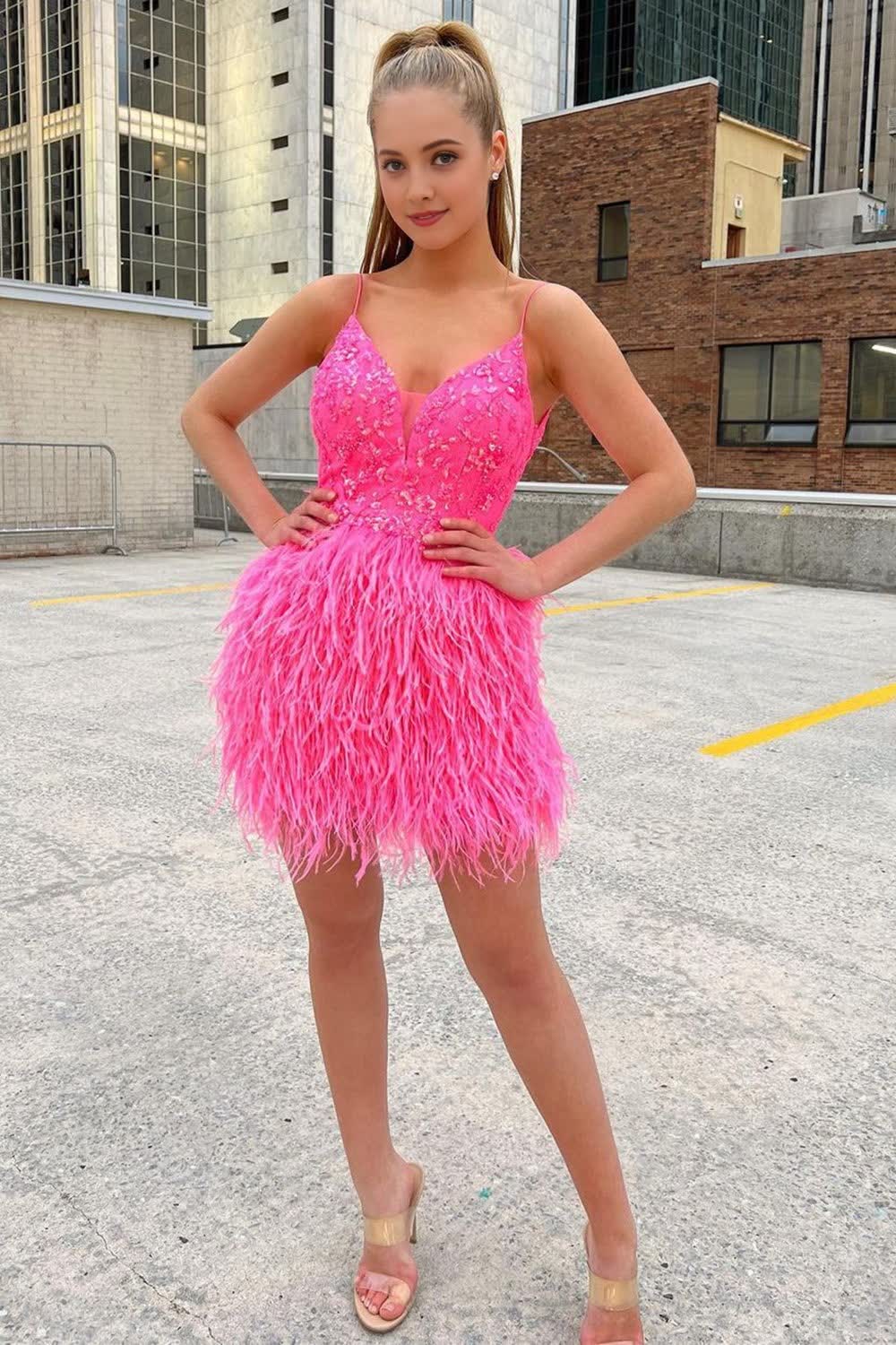 Pink Sequins Tight Homecoming Dress with Feathers