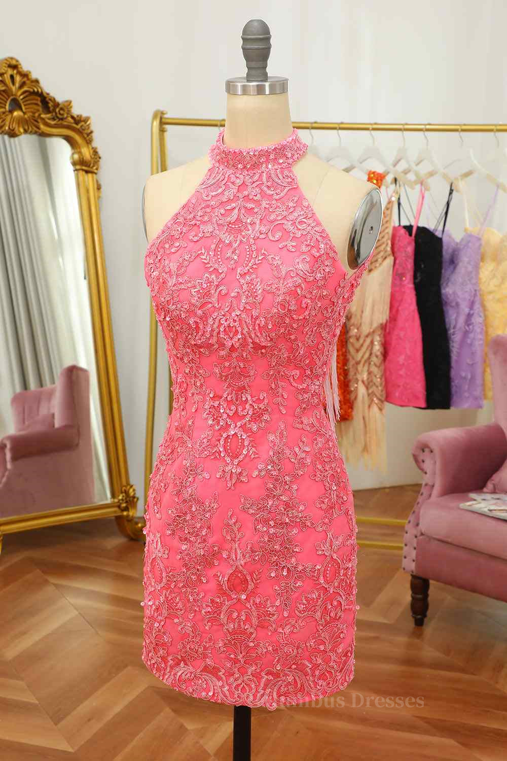 Long Black Dress, Pink Sheath Halter Sequin-Embroidered Cut-Out Mini Homecoming Dress