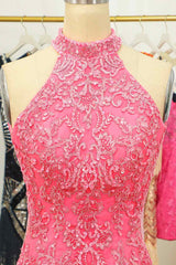 Party Fitness, Pink Sheath Halter Sequin-Embroidered Cut-Out Mini Homecoming Dress
