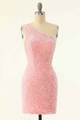 Party Dresses For Ladies 2052, Pink Sheath One Shoulder Strap Back Sequins Mini Homecoming Dress