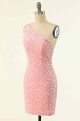 Party Dress Night Out, Pink Sheath One Shoulder Strap Back Sequins Mini Homecoming Dress