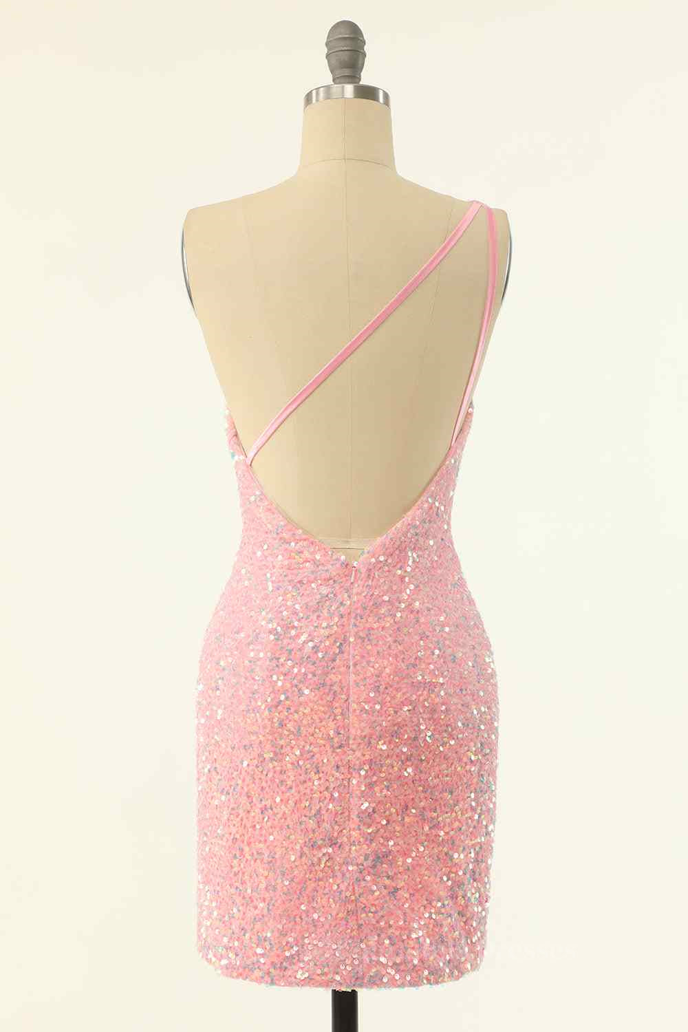 Party Dresses Night Out, Pink Sheath One Shoulder Strap Back Sequins Mini Homecoming Dress