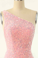 Party Dresses For 44 Year Olds, Pink Sheath One Shoulder Strap Back Sequins Mini Homecoming Dress