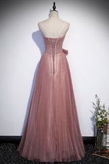 Prom Dresses Spring, Pink Shiny Tulle Long A-Line Prom Dress, Lovely Strapless Evening Dress