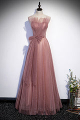 Prom Dresse Princess, Pink Shiny Tulle Long A-Line Prom Dress, Lovely Strapless Evening Dress