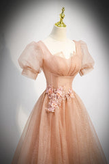 Bridesmaid Dresses Yellow, Pink Short Sleeves Tulle Party Dress, A-line Flower Lace Prom Dress