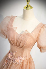 Bridesmaid Dresses Floral, Pink Short Sleeves Tulle Party Dress, A-line Flower Lace Prom Dress