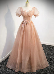 Wedding Bouquet, Pink Short Sleeves Tulle Party Dress, A-line Flower Lace Prom Dress