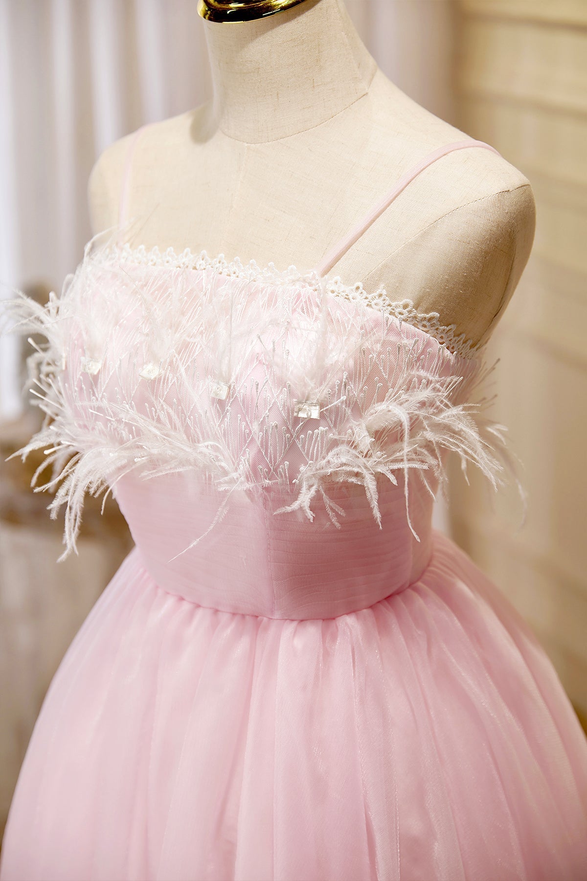 Bridesmaid Dress Dusty Blue, Pink Spaghetti Strap Tulle Short Prom Dress with Feather, Pink Party Dress