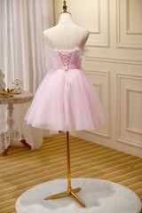 Simple Wedding Dress, Pink Spaghetti Strap Tulle Short Prom Dress with Feather, Pink Party Dress