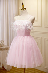 Long Sleeve Wedding Dress, Pink Spaghetti Strap Tulle Short Prom Dress with Feather, Pink Party Dress